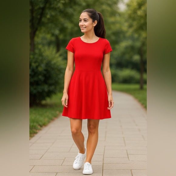 CB Women’s Red Cap Sleeve Fit & Flare Dress – Size 14 Petite | Classic Elegance - Picture 3 of 3